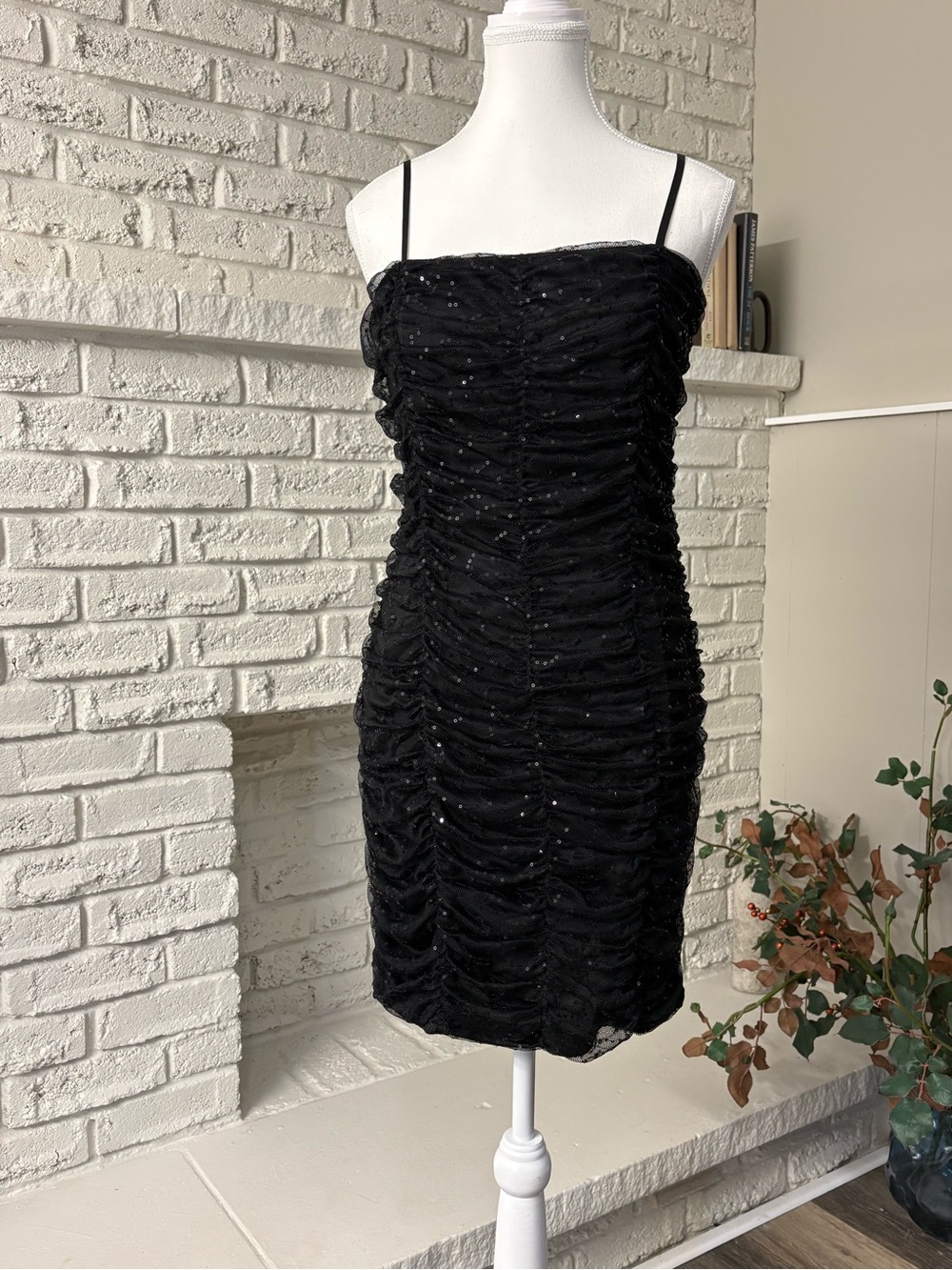 Vintage Bizz Girl Black Sequin Mesh Ruched Bodycon Mini Dress Size L